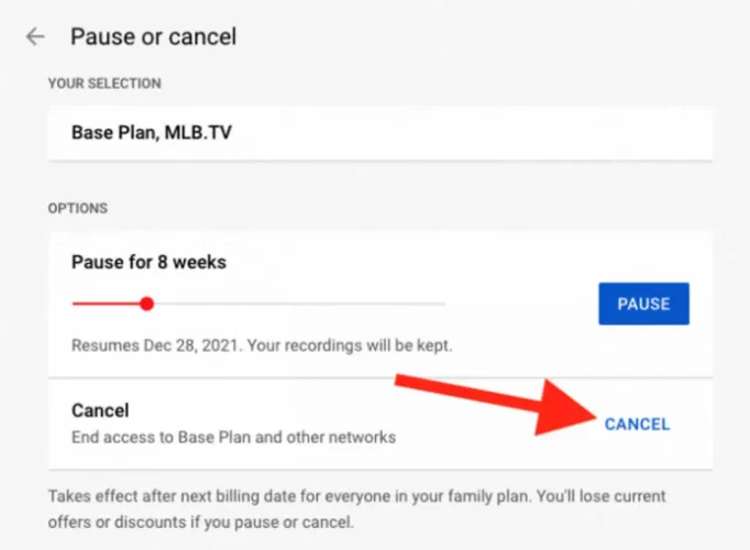 cancel or pause YouTube Tv Subscription